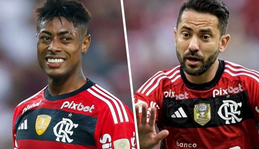 Éverton Ribeiro pedindo calma nos gramados com a camisa do Flamengo e Bruno Henrique