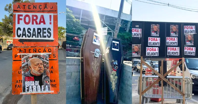 Torcida do São Paulo leva caixões de Casares e Belmonte ao protesto: ‘Chega de cargo político no futebol’